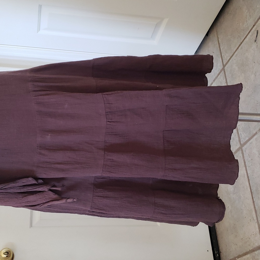 💐 Vintage Boho Brown Strapless Dress • Gauzy Cotton Smocked Bodice Tiered SMALL - Picture 9 of 11